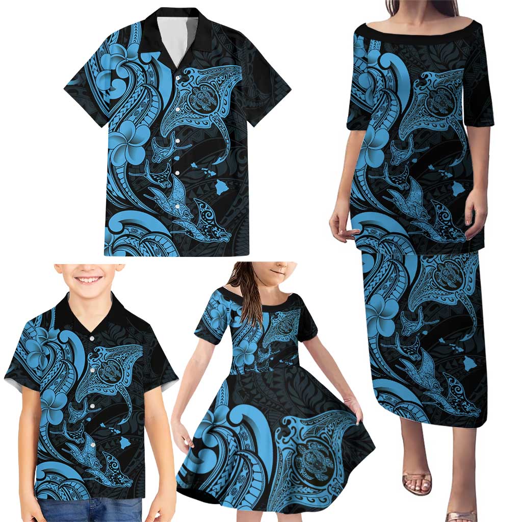 Hawaiian Manta Rays Family Matching Puletasi and Hawaiian Shirt Tribal Hibiscus Polynesian Tattoos Blue Color LT03 - Polynesian Pride