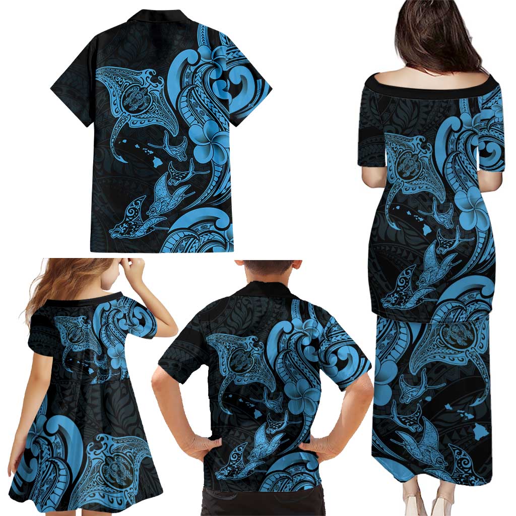 Hawaiian Manta Rays Family Matching Puletasi and Hawaiian Shirt Tribal Hibiscus Polynesian Tattoos Blue Color LT03 - Polynesian Pride