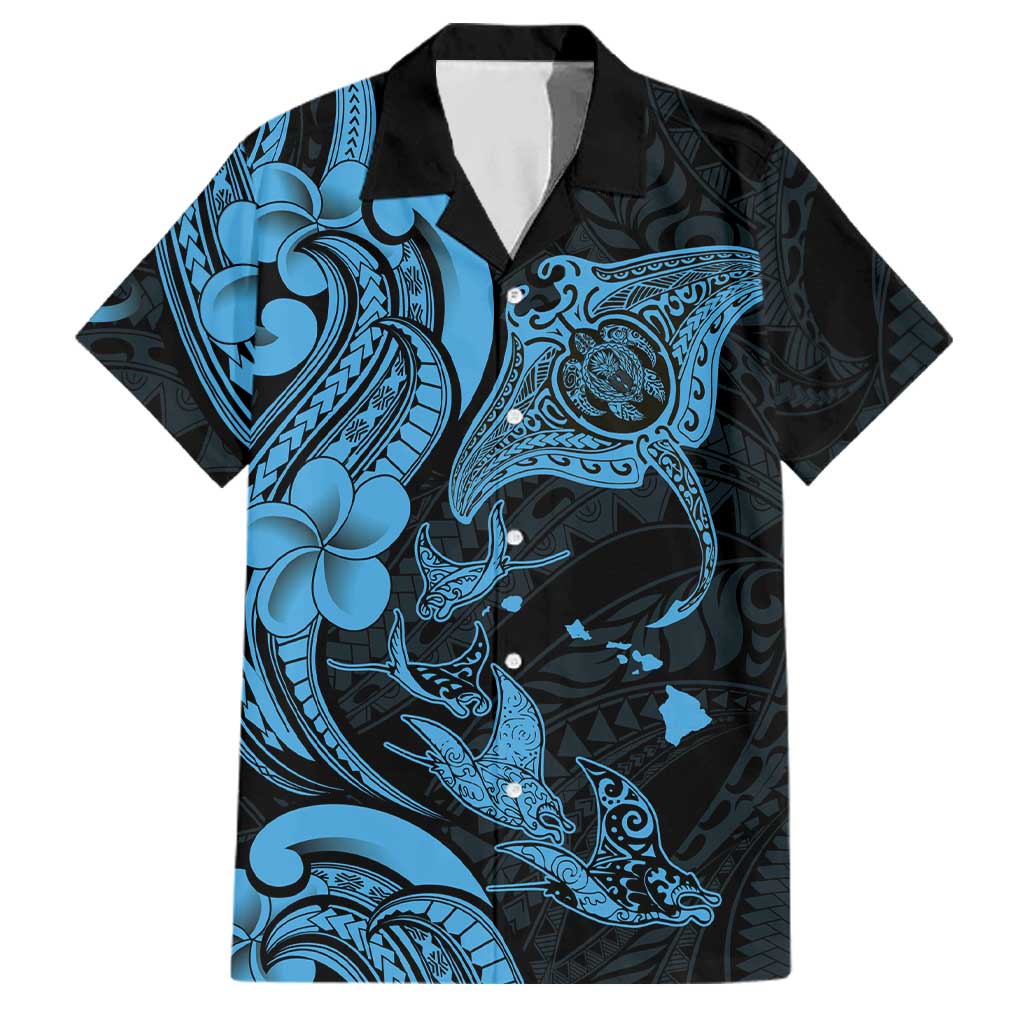 Hawaiian Manta Rays Family Matching Puletasi and Hawaiian Shirt Tribal Hibiscus Polynesian Tattoos Blue Color LT03 Dad's Shirt - Short Sleeve Blue - Polynesian Pride