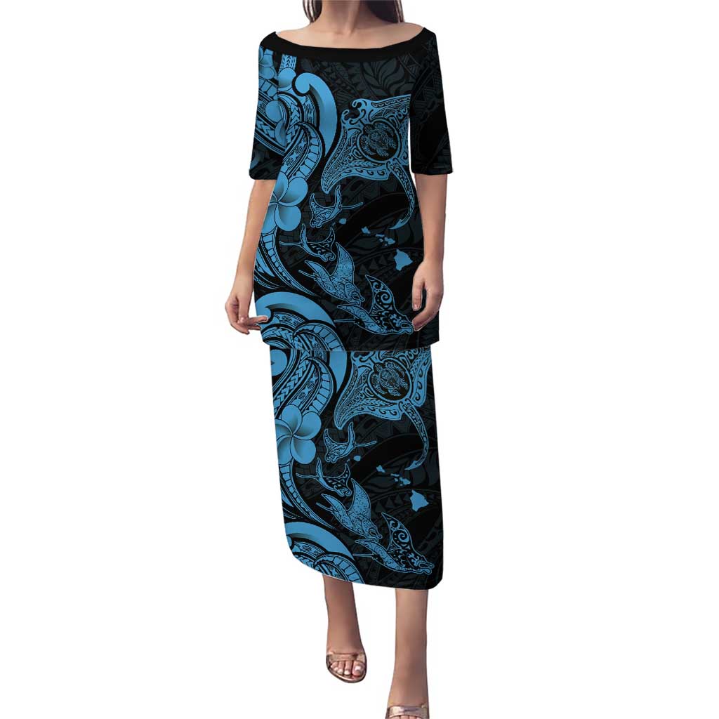 Hawaiian Manta Rays Family Matching Puletasi and Hawaiian Shirt Tribal Hibiscus Polynesian Tattoos Blue Color LT03 Mom's Dress Blue - Polynesian Pride