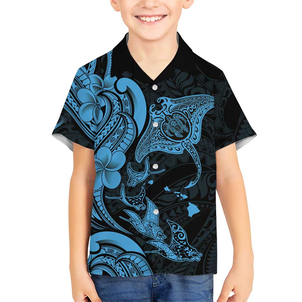 Hawaiian Manta Rays Family Matching Puletasi and Hawaiian Shirt Tribal Hibiscus Polynesian Tattoos Blue Color LT03 Son's Shirt Blue - Polynesian Pride