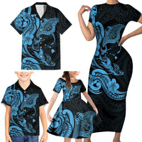 Hawaiian Manta Rays Family Matching Short Sleeve Bodycon Dress and Hawaiian Shirt Tribal Hibiscus Polynesian Tattoos Blue Color - Polynesian Pride