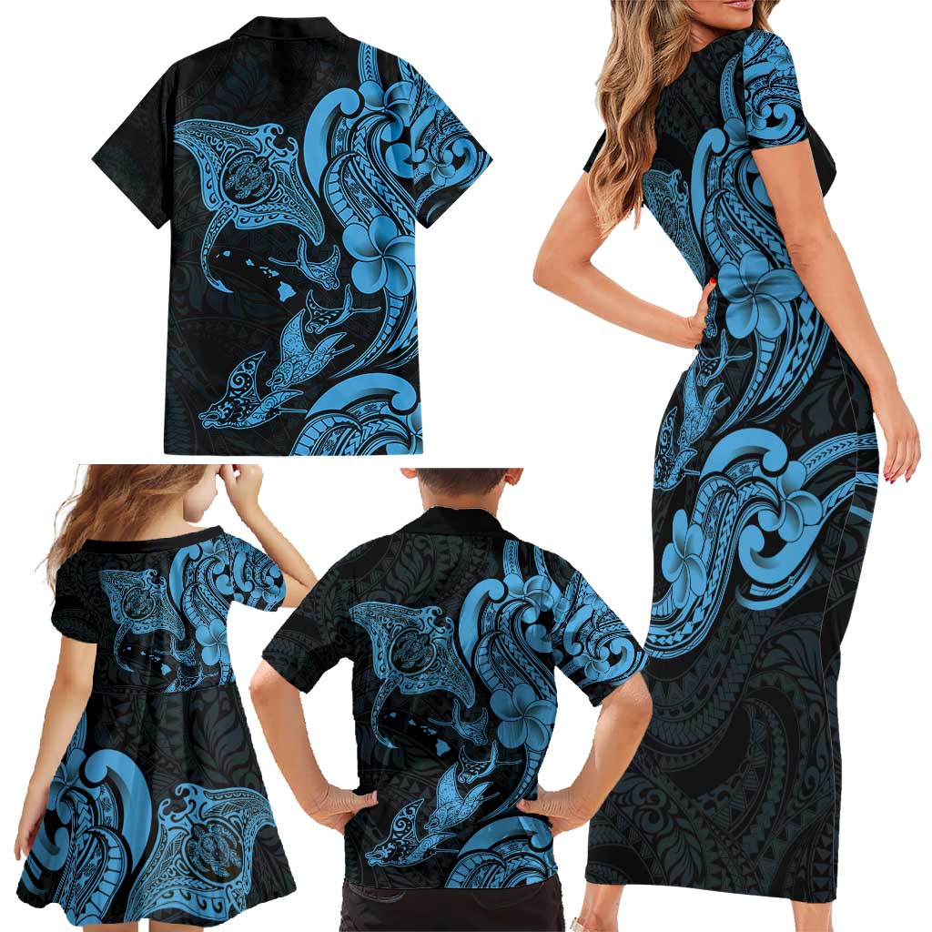 Hawaiian Manta Rays Family Matching Short Sleeve Bodycon Dress and Hawaiian Shirt Tribal Hibiscus Polynesian Tattoos Blue Color - Polynesian Pride