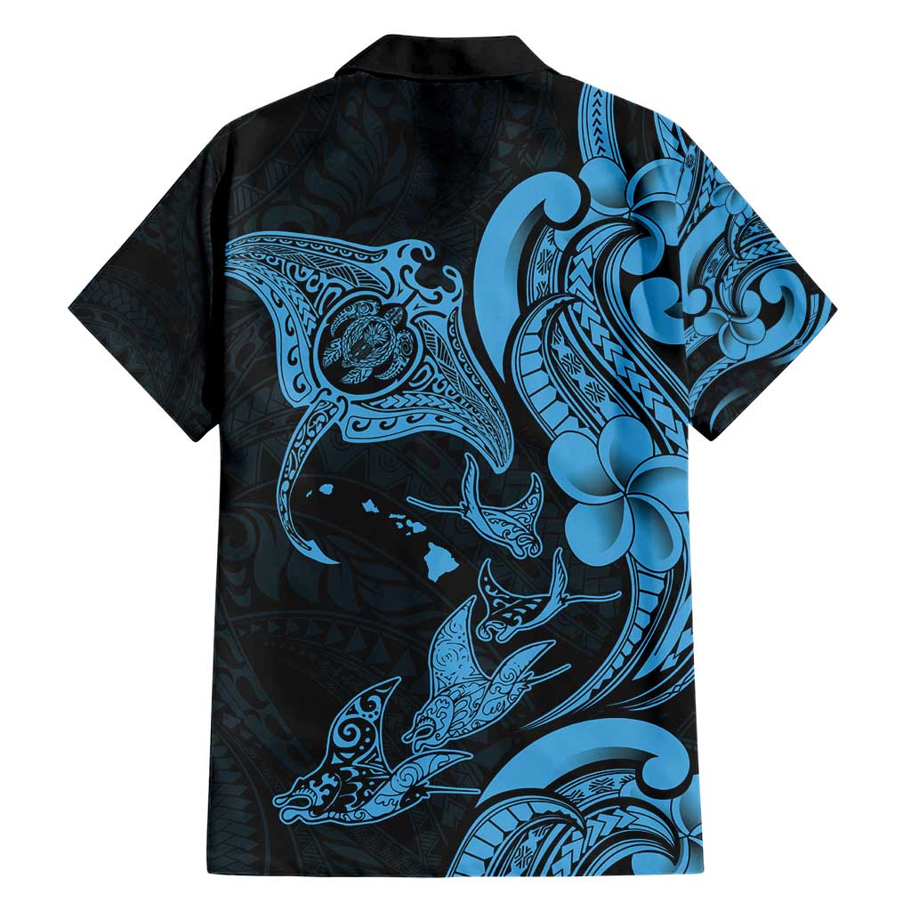 Hawaiian Manta Rays Family Matching Short Sleeve Bodycon Dress and Hawaiian Shirt Tribal Hibiscus Polynesian Tattoos Blue Color - Polynesian Pride