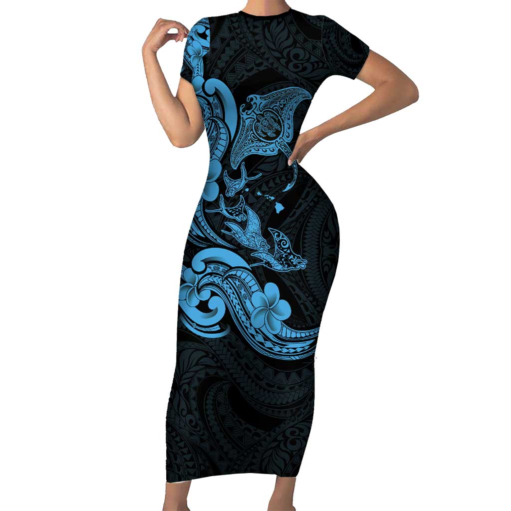 Hawaiian Manta Rays Family Matching Short Sleeve Bodycon Dress and Hawaiian Shirt Tribal Hibiscus Polynesian Tattoos Blue Color - Polynesian Pride