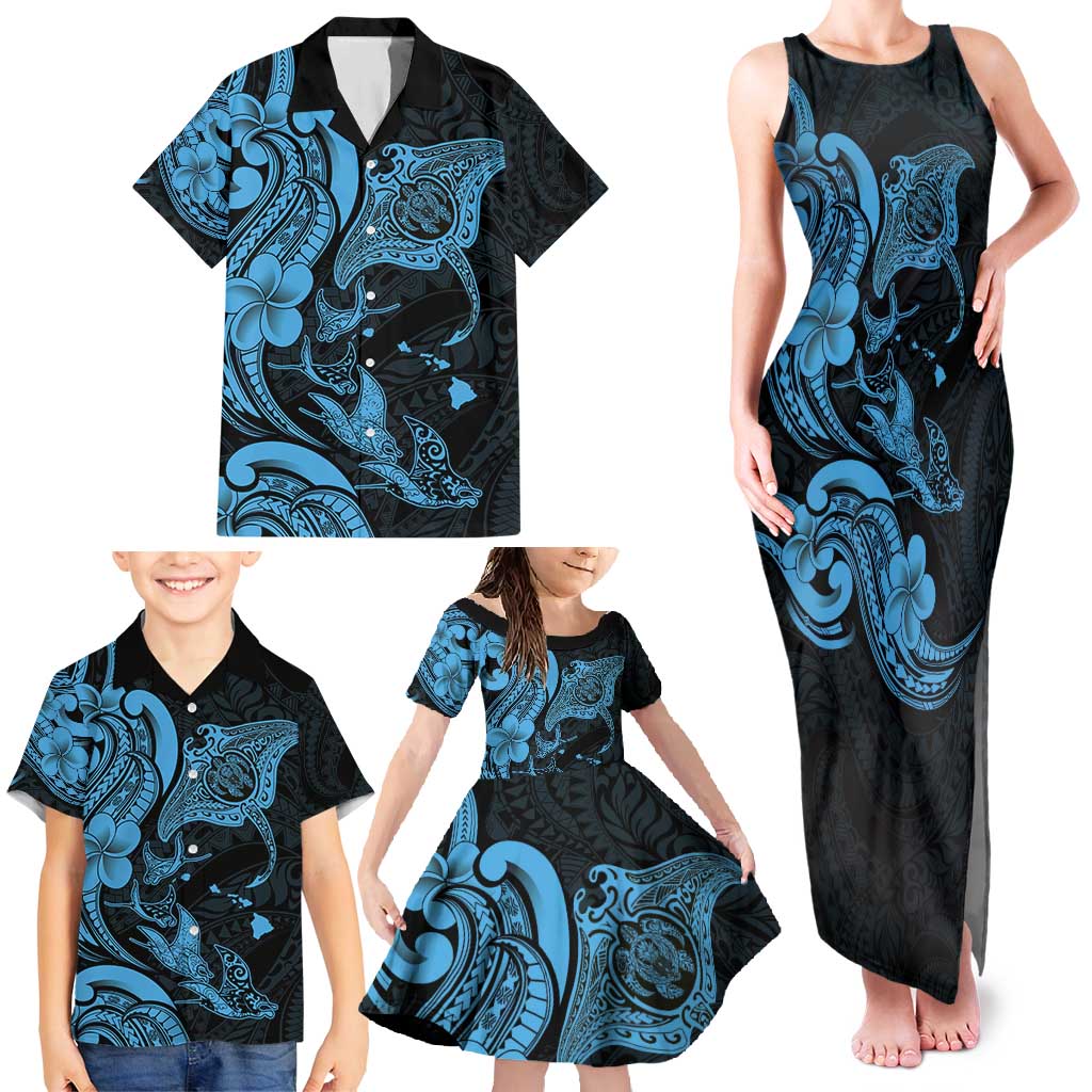 Hawaiian Manta Rays Family Matching Tank Maxi Dress and Hawaiian Shirt Tribal Hibiscus Polynesian Tattoos Blue Color - Polynesian Pride