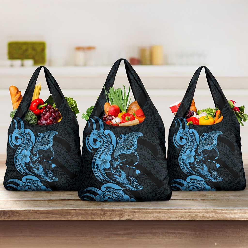 Hawaiian Manta Rays Grocery Bag Tribal Hibiscus Polynesian Tattoos Blue Color - Polynesian Pride