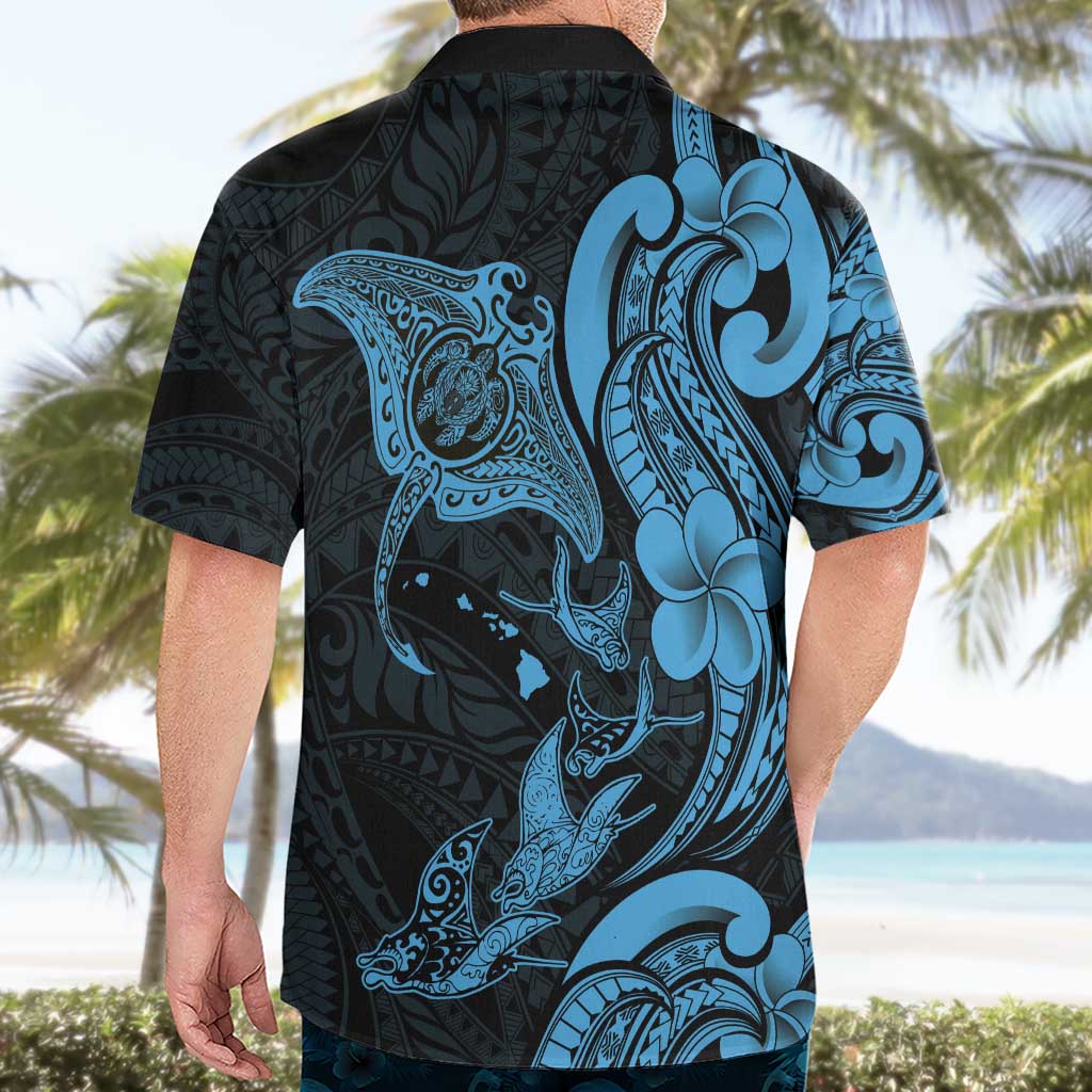 Hawaiian Manta Rays Hawaiian Shirt Tribal Hibiscus Polynesian Tattoos Blue Color - Polynesian Pride