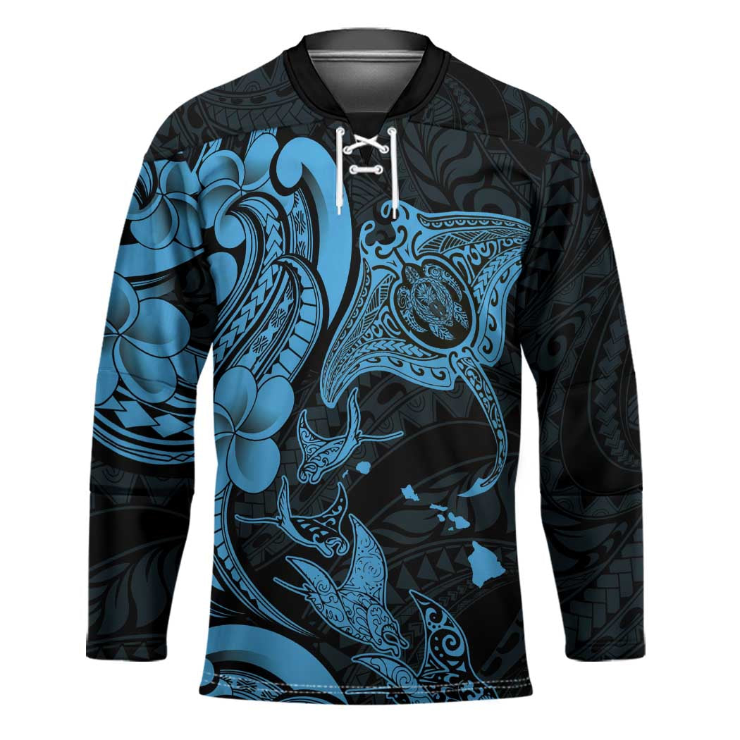 Hawaiian Manta Rays Hockey Jersey Tribal Hibiscus Polynesian Tattoos Blue Color - Polynesian Pride