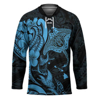 Hawaiian Manta Rays Hockey Jersey Tribal Hibiscus Polynesian Tattoos Blue Color - Polynesian Pride