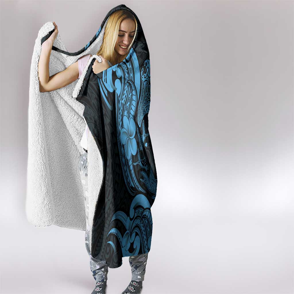 Hawaiian Manta Rays Hooded Blanket Tribal Hibiscus Polynesian Tattoos Blue Color - Polynesian Pride