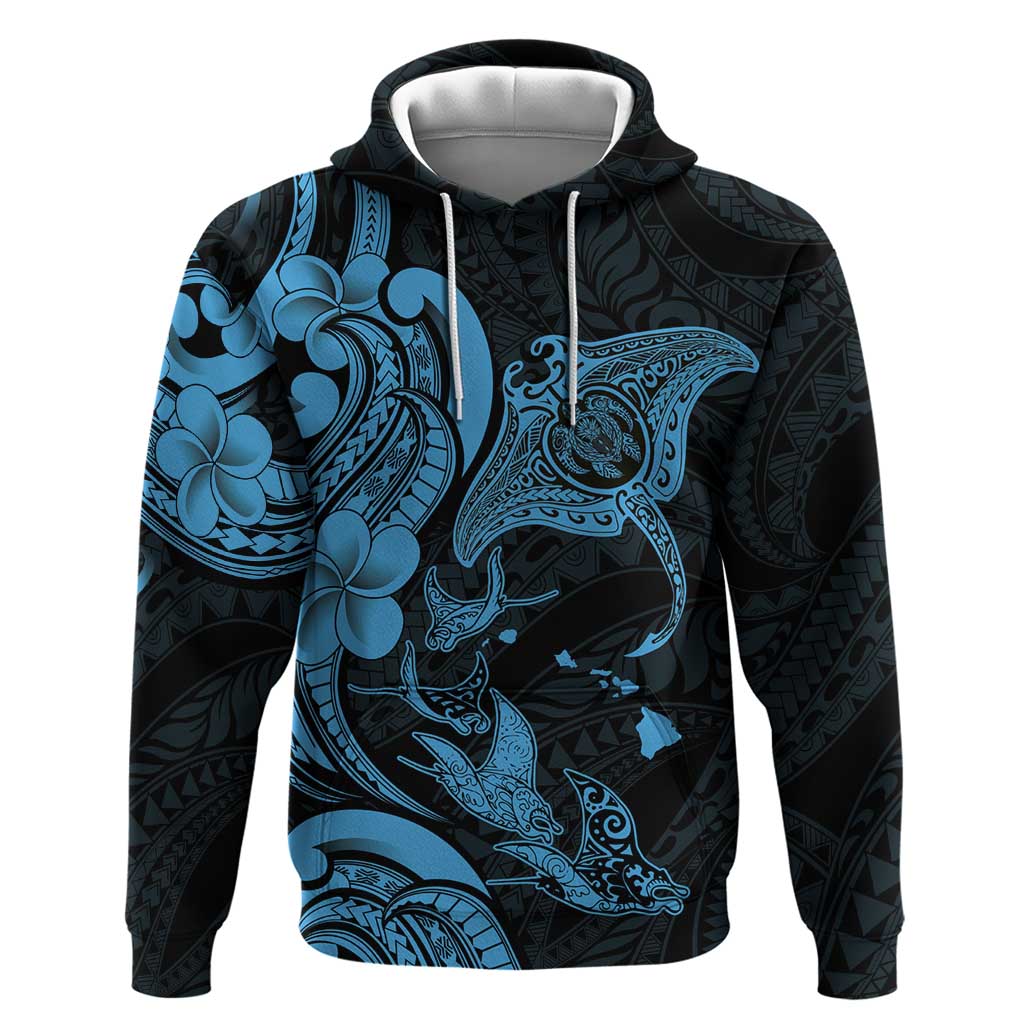 Hawaiian Manta Rays Hoodie Tribal Hibiscus Polynesian Tattoos Blue Color - Polynesian Pride