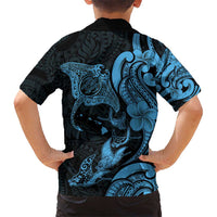 Hawaiian Manta Rays Kid Hawaiian Shirt Tribal Hibiscus Polynesian Tattoos Blue Color - Polynesian Pride