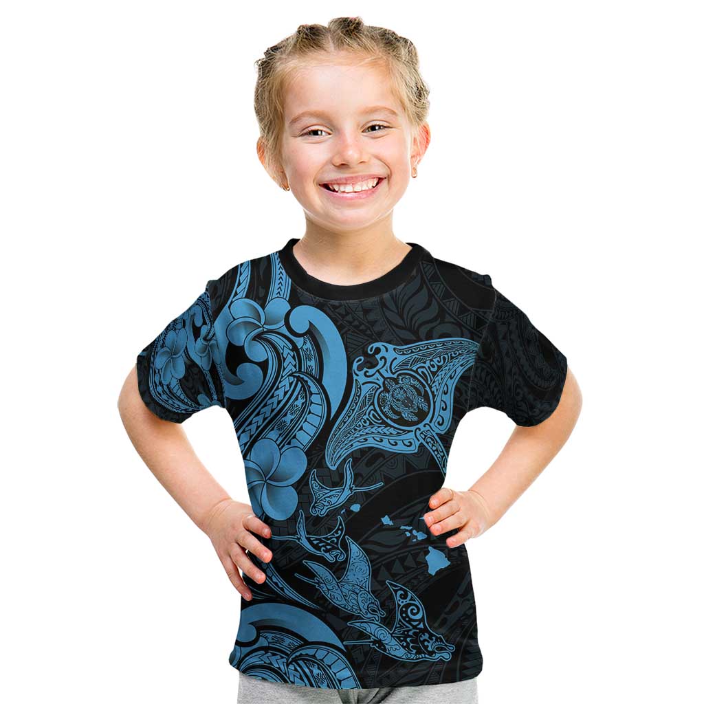 Hawaiian Manta Rays Kid T Shirt Tribal Hibiscus Polynesian Tattoos Blue Color - Polynesian Pride