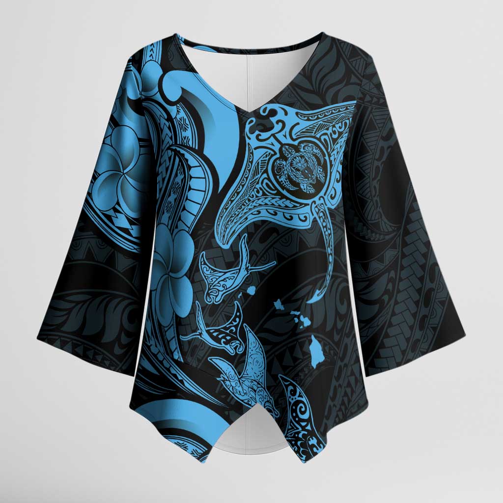 Hawaiian Manta Rays Kimono Sleeve Blouse Tribal Hibiscus Polynesian Tattoos Blue Color - Polynesian Pride