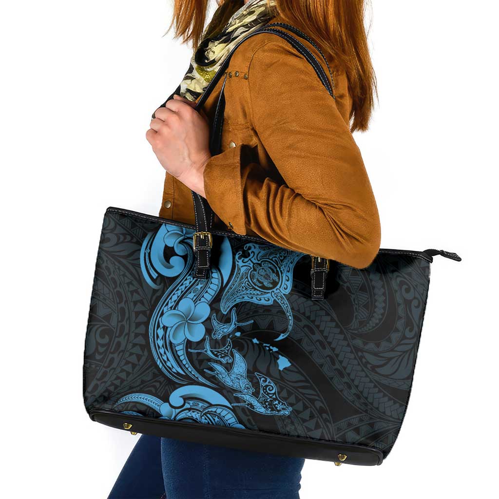 Hawaiian Manta Rays Leather Tote Bag Tribal Hibiscus Polynesian Tattoos Blue Color - Polynesian Pride