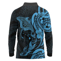 Hawaiian Manta Rays Long Sleeve Polo Shirt Tribal Hibiscus Polynesian Tattoos Blue Color - Polynesian Pride