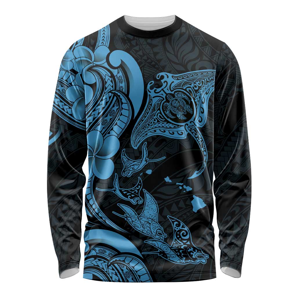 Hawaiian Manta Rays Long Sleeve Shirt Tribal Hibiscus Polynesian Tattoos Blue Color - Polynesian Pride