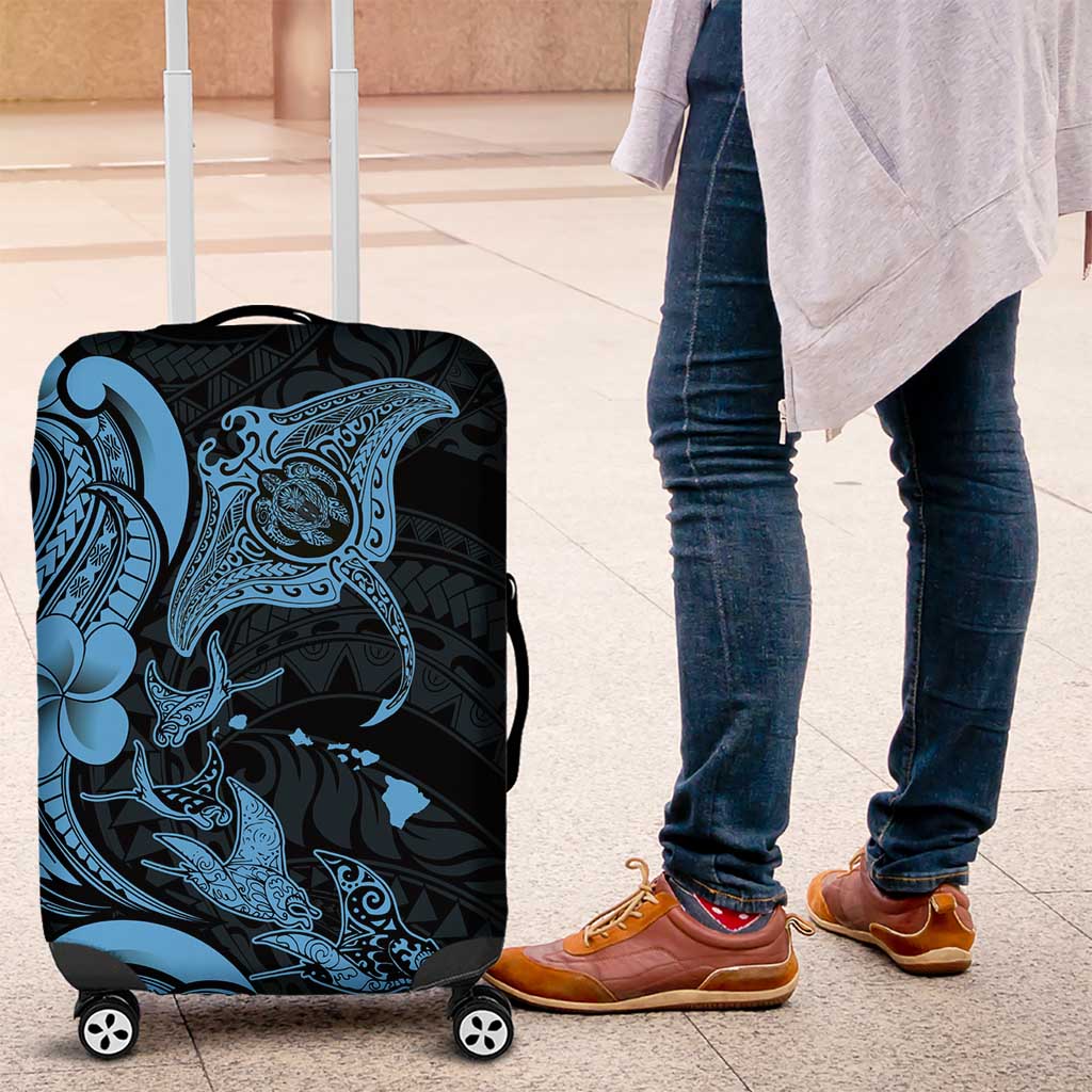 Hawaiian Manta Rays Luggage Cover Tribal Hibiscus Polynesian Tattoos Blue Color - Polynesian Pride