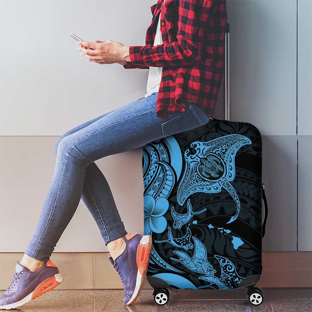 Hawaiian Manta Rays Luggage Cover Tribal Hibiscus Polynesian Tattoos Blue Color - Polynesian Pride