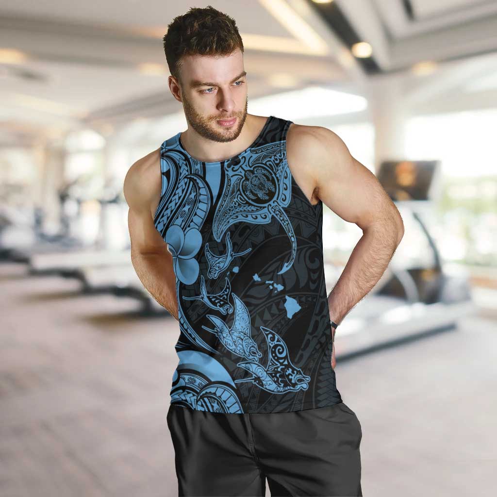 Hawaiian Manta Rays Men Tank Top Tribal Hibiscus Polynesian Tattoos Blue Color - Polynesian Pride