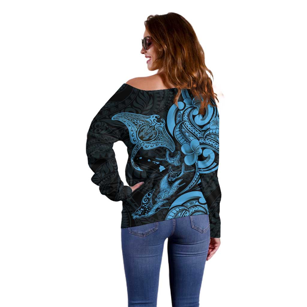 Hawaiian Manta Rays Off Shoulder Sweater Tribal Hibiscus Polynesian Tattoos Blue Color - Polynesian Pride
