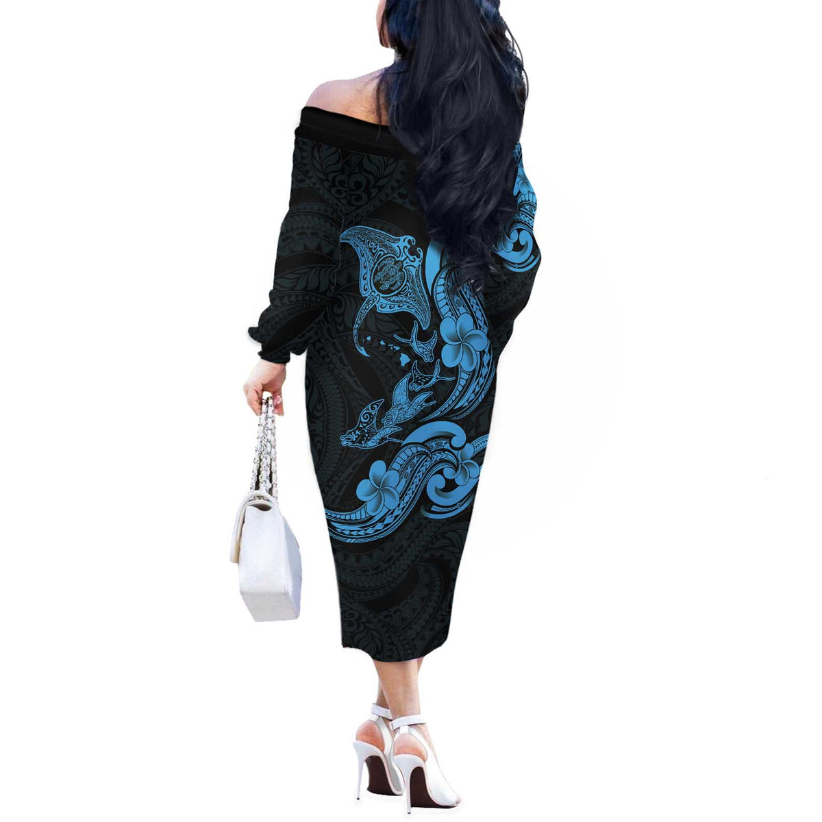 Hawaiian Manta Rays Off The Shoulder Long Sleeve Dress Tribal Hibiscus Polynesian Tattoos Blue Color - Polynesian Pride