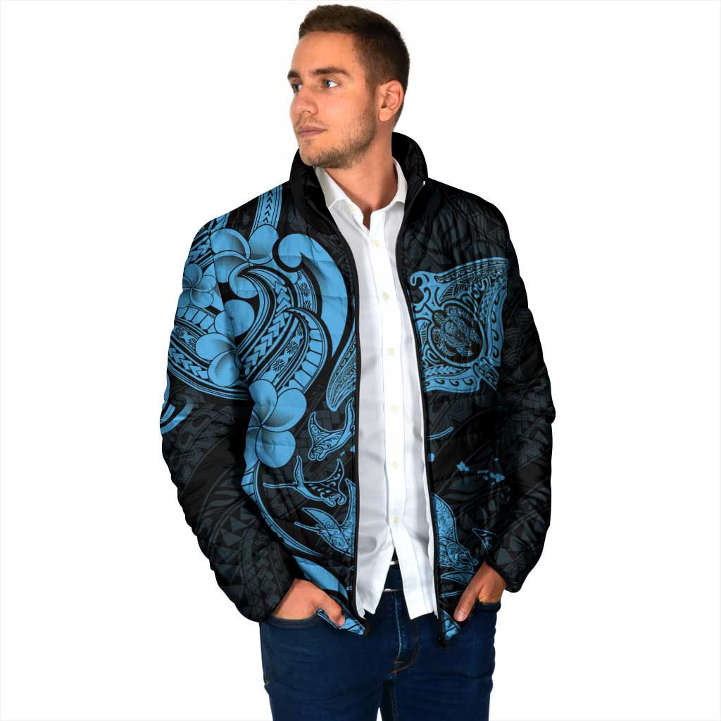 Hawaiian Manta Rays Padded Jacket Tribal Hibiscus Polynesian Tattoos Blue Color - Polynesian Pride