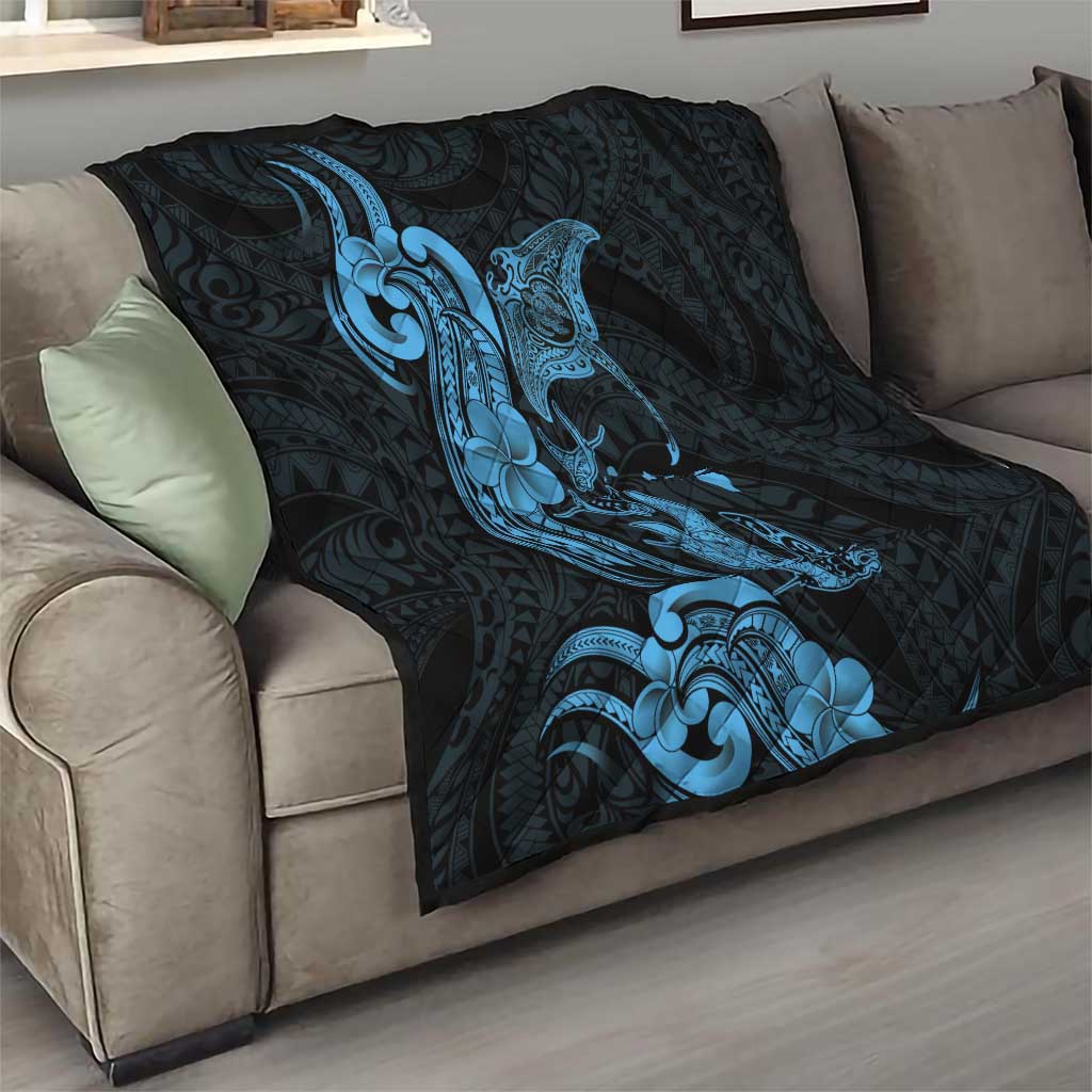 Hawaiian Manta Rays Quilt Tribal Hibiscus Polynesian Tattoos Blue Color - Polynesian Pride