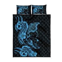 Hawaiian Manta Rays Quilt Bed Set Tribal Hibiscus Polynesian Tattoos Blue Color - Polynesian Pride