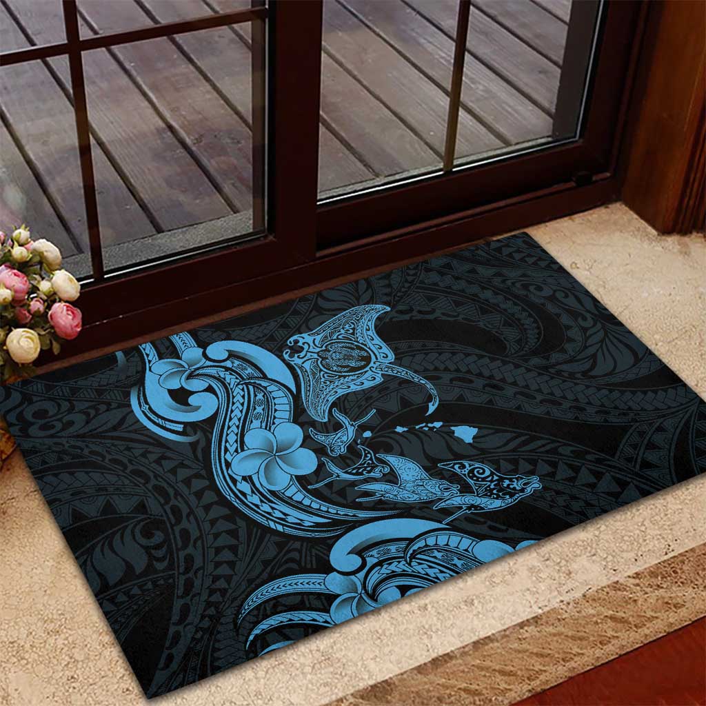 Hawaiian Manta Rays Rubber Doormat Tribal Hibiscus Polynesian Tattoos Blue Color - Polynesian Pride