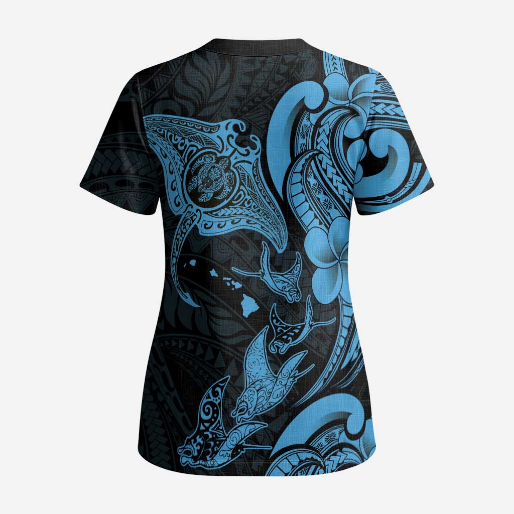 Hawaiian Manta Rays Scrub Top Tribal Hibiscus Polynesian Tattoos Blue Color - Polynesian Pride