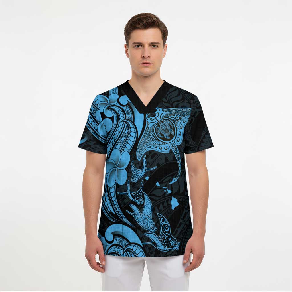 Hawaiian Manta Rays Scrub Top Tribal Hibiscus Polynesian Tattoos Blue Color - Polynesian Pride