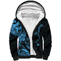 Hawaiian Manta Rays Sherpa Hoodie Tribal Hibiscus Polynesian Tattoos Blue Color - Polynesian Pride