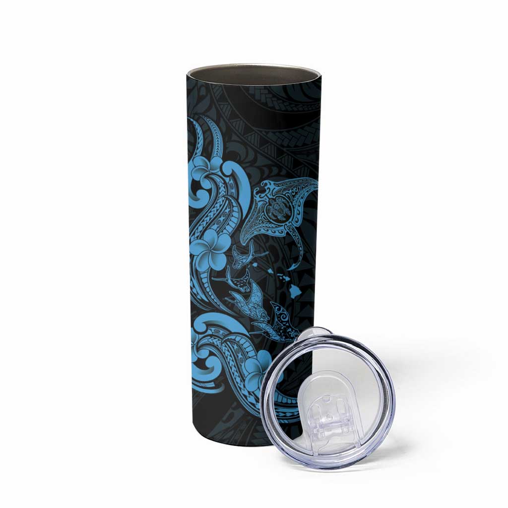 Hawaiian Manta Rays Skinny Tumbler Tribal Hibiscus Polynesian Tattoos Blue Color - Polynesian Pride