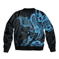 Hawaiian Manta Rays Sleeve Zip Bomber Jacket Tribal Hibiscus Polynesian Tattoos Blue Color - Polynesian Pride