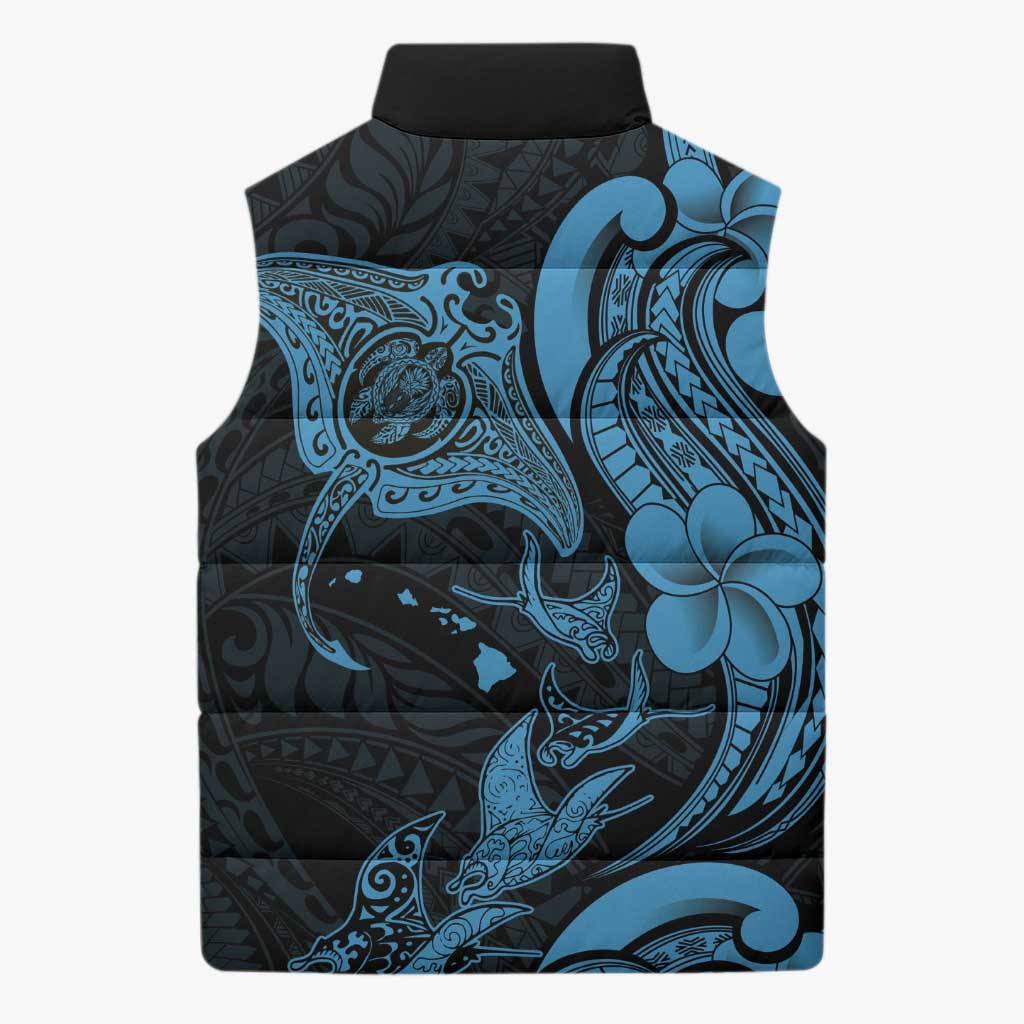 Hawaiian Manta Rays Sleeveless Puffer Jacket Tribal Hibiscus Polynesian Tattoos Blue Color - Polynesian Pride