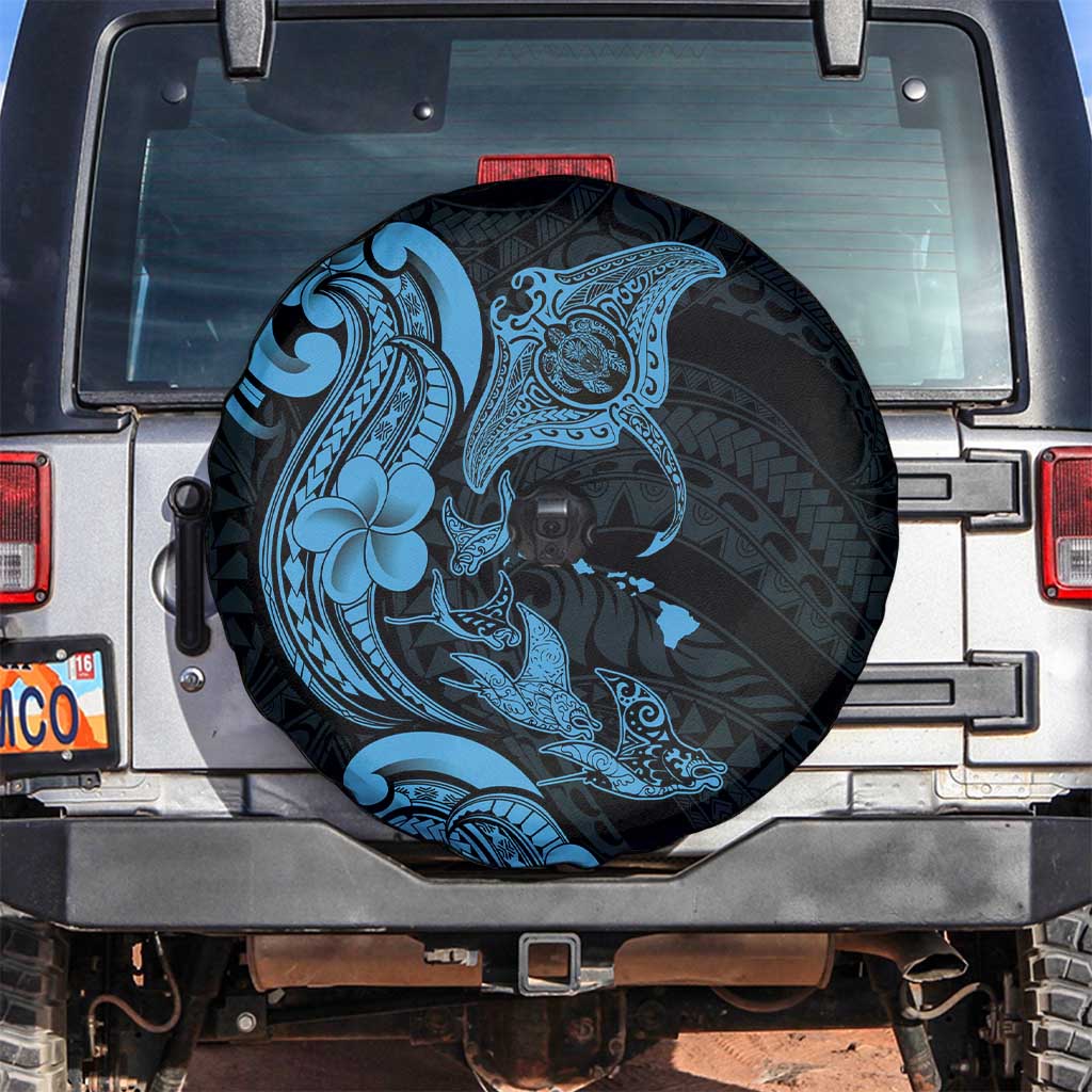 Hawaiian Manta Rays Spare Tire Cover Tribal Hibiscus Polynesian Tattoos Blue Color - Polynesian Pride