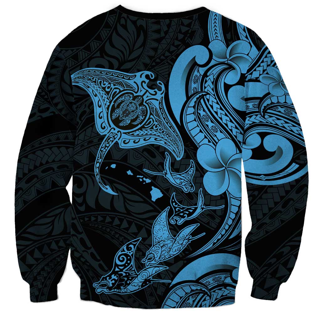 Hawaiian Manta Rays Sweatshirt Tribal Hibiscus Polynesian Tattoos Blue Color - Polynesian Pride