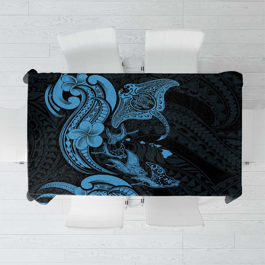 Hawaiian Manta Rays Tablecloth Tribal Hibiscus Polynesian Tattoos Blue Color - Polynesian Pride