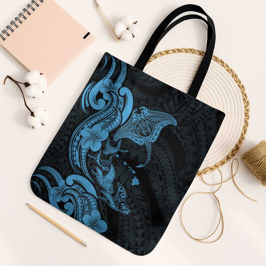 Hawaiian Manta Rays Tote Bag Tribal Hibiscus Polynesian Tattoos Blue Color - Polynesian Pride