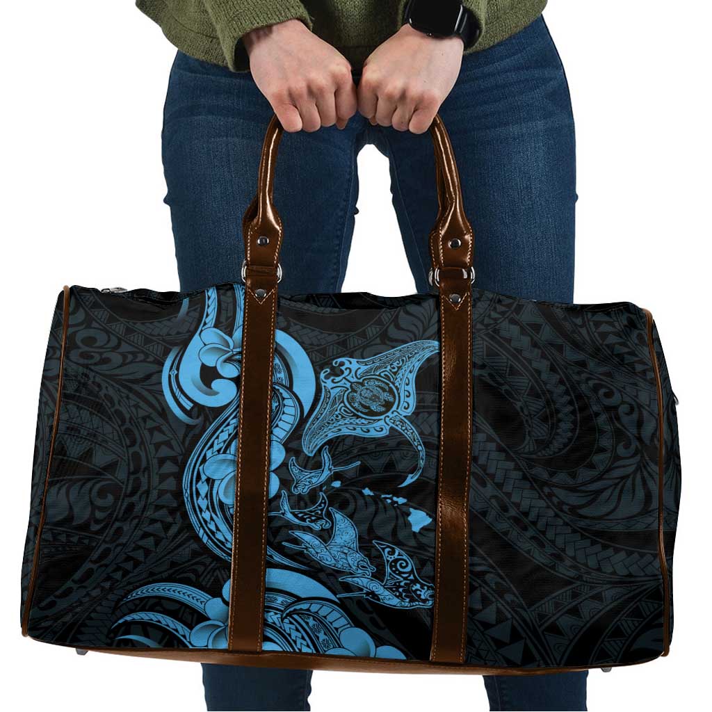 Hawaiian Manta Rays Travel Bag Tribal Hibiscus Polynesian Tattoos Blue Color - Polynesian Pride