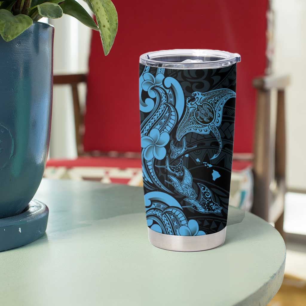 Hawaiian Manta Rays Tumbler Cup Tribal Hibiscus Polynesian Tattoos Blue Color - Polynesian Pride