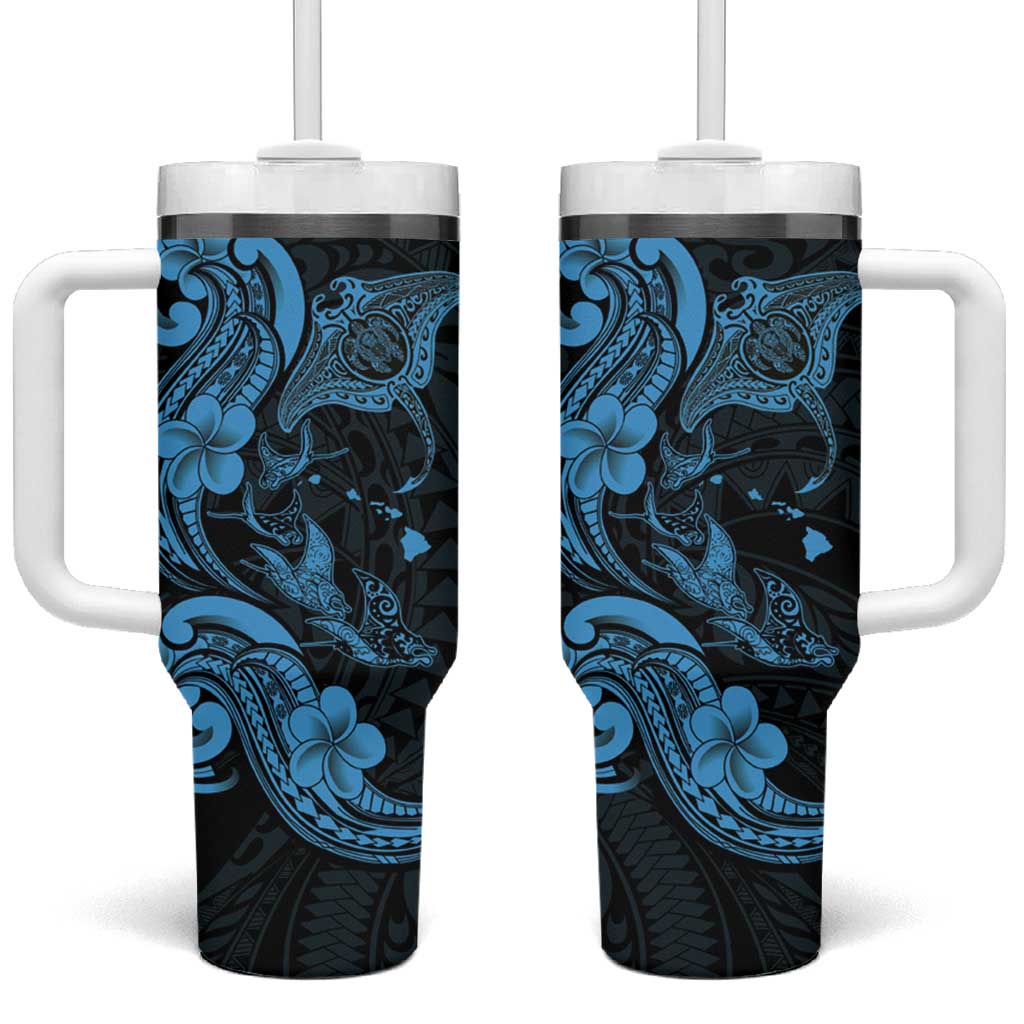 Hawaiian Manta Rays Tumbler With Handle Tribal Hibiscus Polynesian Tattoos Blue Color - Polynesian Pride