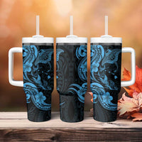 Hawaiian Manta Rays Tumbler With Handle Tribal Hibiscus Polynesian Tattoos Blue Color - Polynesian Pride