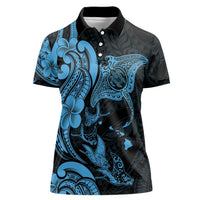Hawaiian Manta Rays Women Polo Shirt Tribal Hibiscus Polynesian Tattoos Blue Color - Polynesian Pride