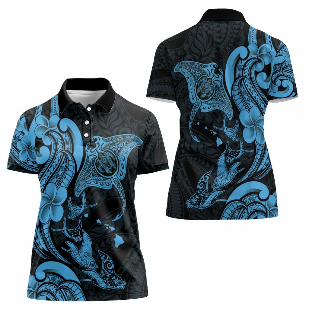 Hawaiian Manta Rays Women Polo Shirt Tribal Hibiscus Polynesian Tattoos Blue Color - Polynesian Pride