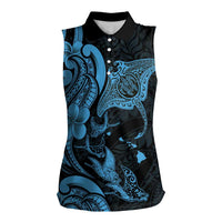 Hawaiian Manta Rays Women Sleeveless Polo Shirt Tribal Hibiscus Polynesian Tattoos Blue Color - Polynesian Pride