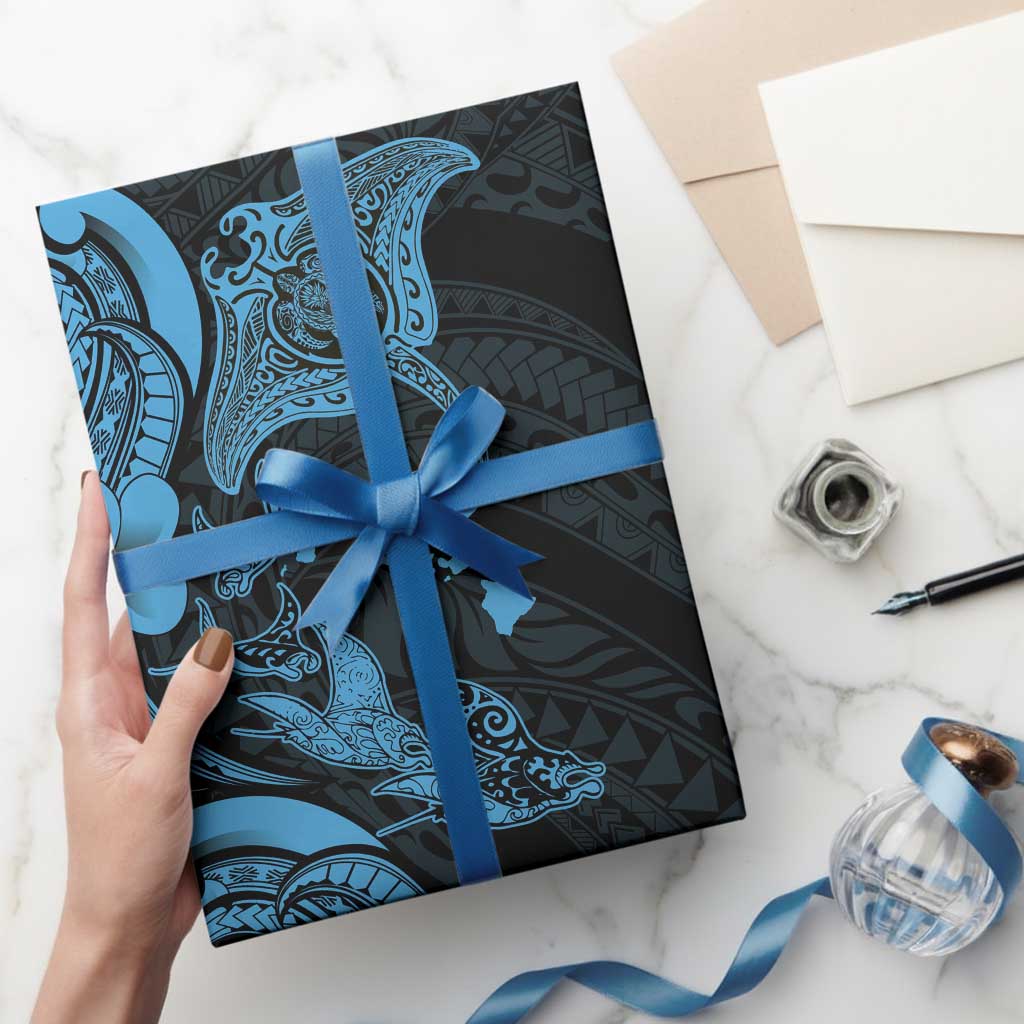 Hawaiian Manta Rays Wrapping Paper Tribal Hibiscus Polynesian Tattoos Blue Color - Polynesian Pride
