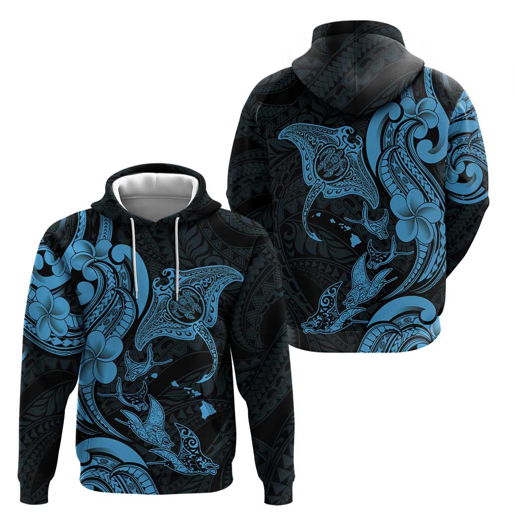 Hawaiian Manta Rays Zip Hoodie Tribal Hibiscus Polynesian Tattoos Blue Color - Polynesian Pride